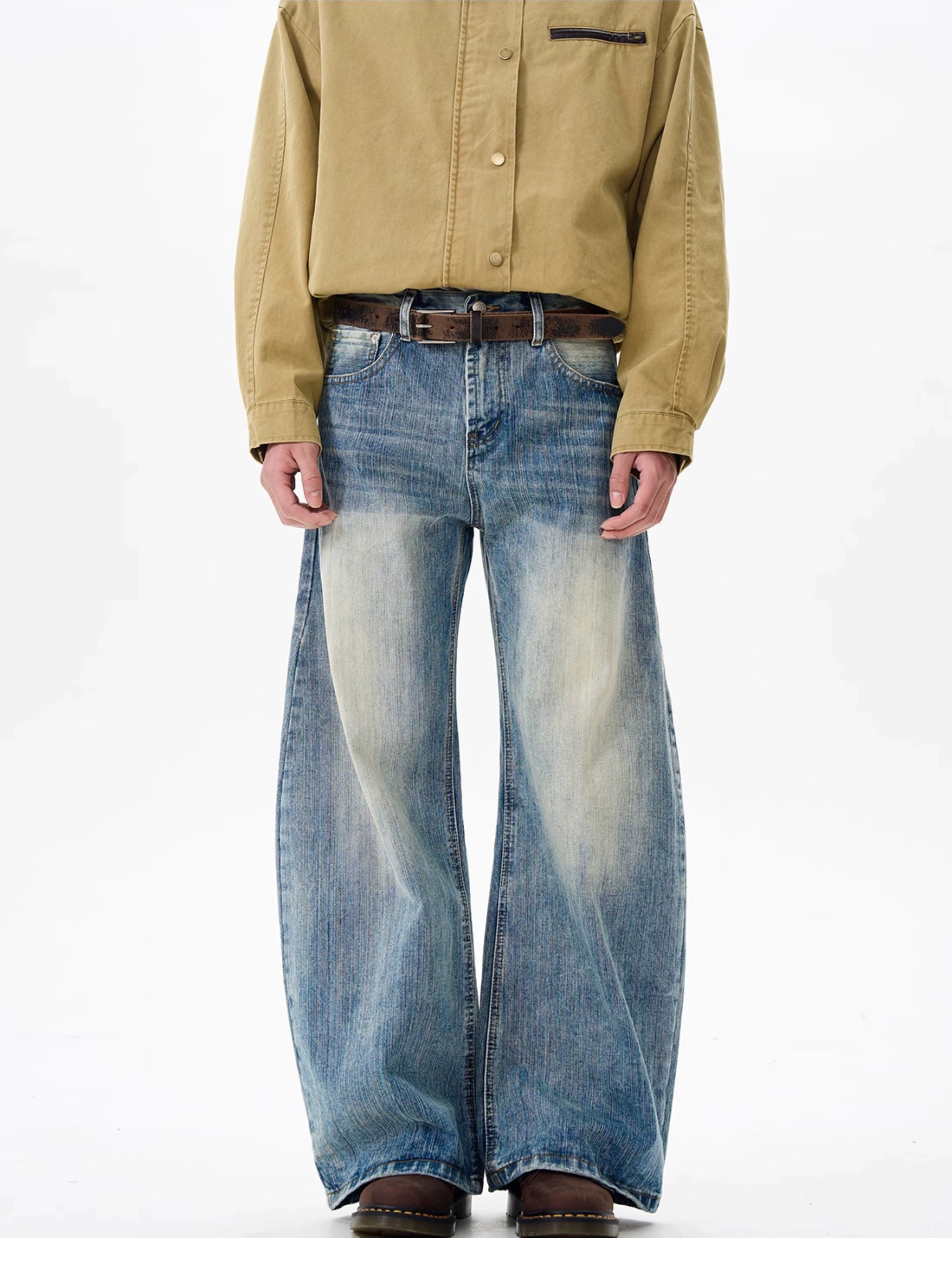 Heavy Knee Distressed Wide Leg Blue Jeans