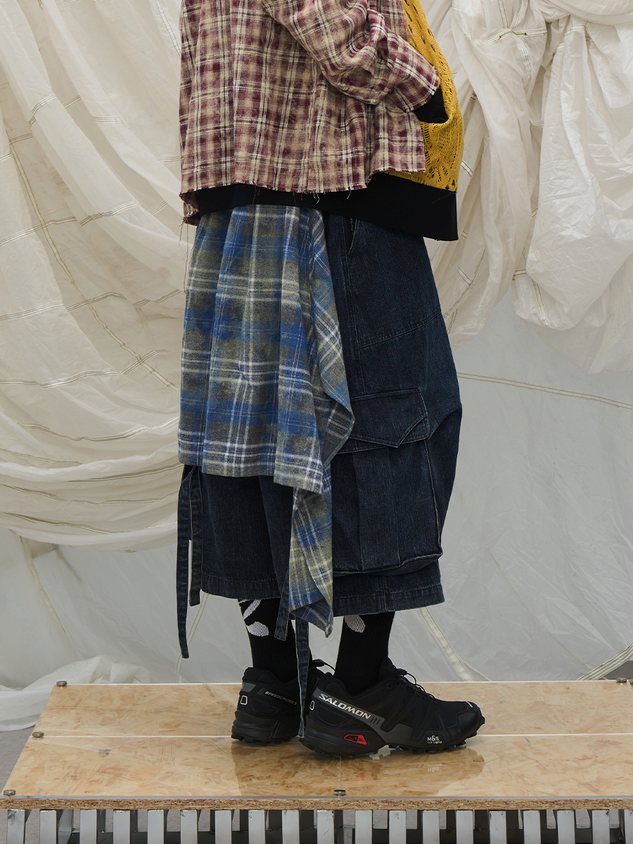 Layered Plaid Wrap Denim Shorts