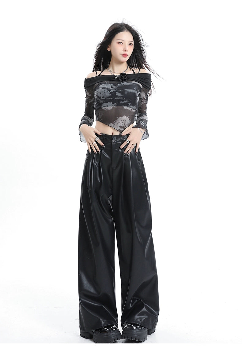 Coffee Wide-Leg Pu Leather Pants - chiclara
