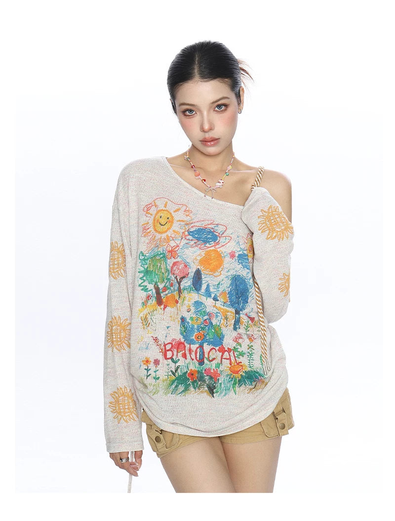 Sunlit Sketch Off-Shoulder Graphic Knit Top