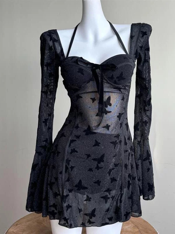 Midnight Flutter Sheer Butterfly Swim Dress