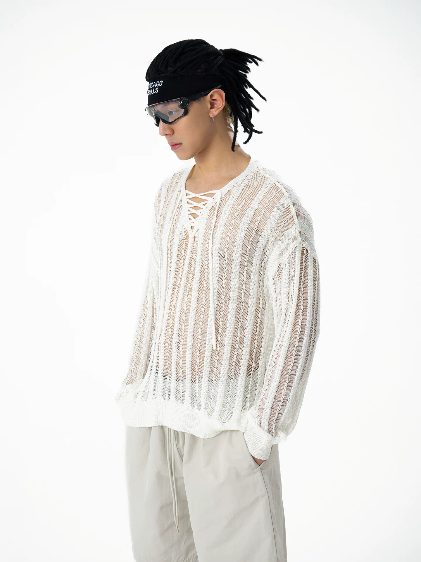 Mesh Rift Lace-Up Sheer Knit Sweater