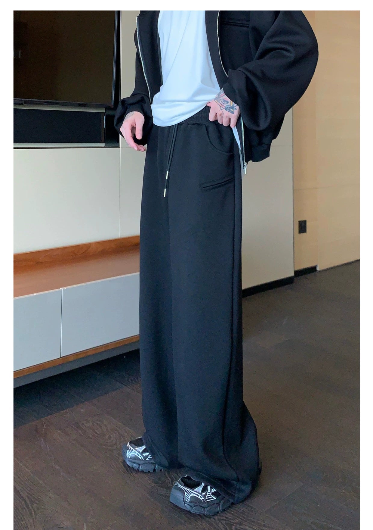 Shoulder-Padded Hoodie Jacket with Straight-Leg Pants Two-Piece Set