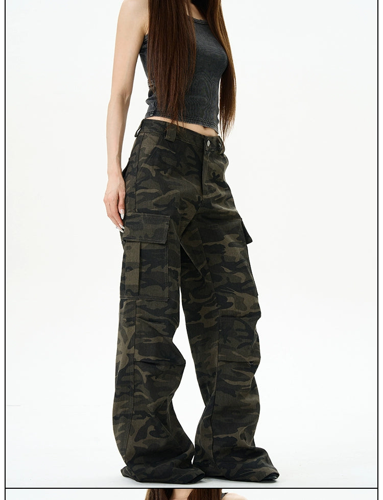 Camo Print Wide-Leg Multi-Pocket Cargo Pants