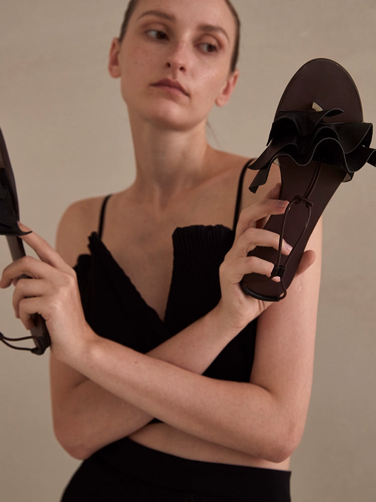 Black Ruffle Thong Sandals