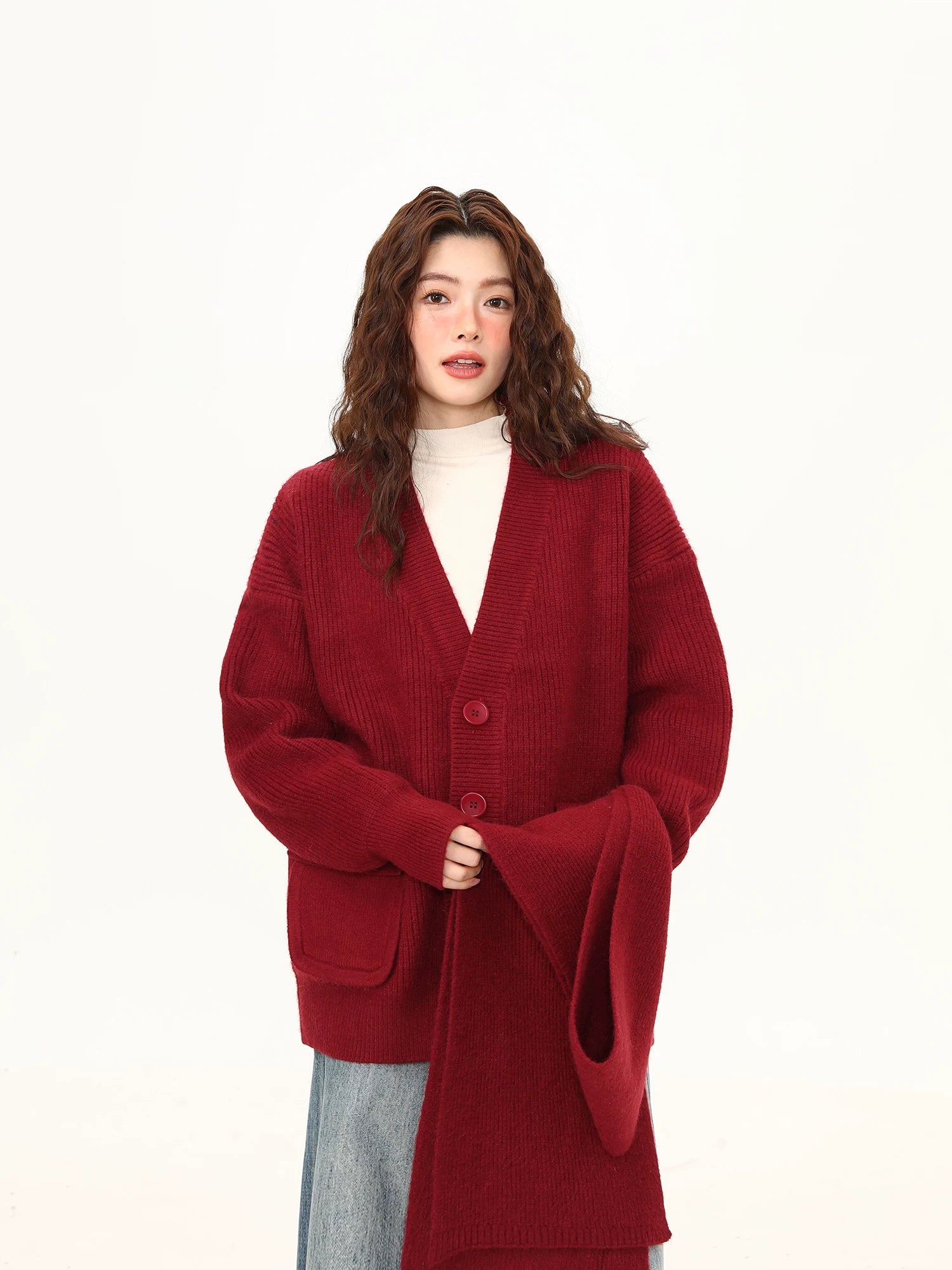 Crimson Cocoon Knit Scarf-Cardigan