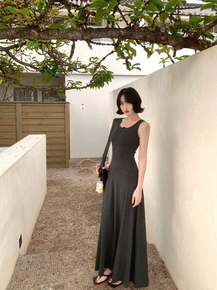 French Vintage Sleeveless Fitted Maxi Dress