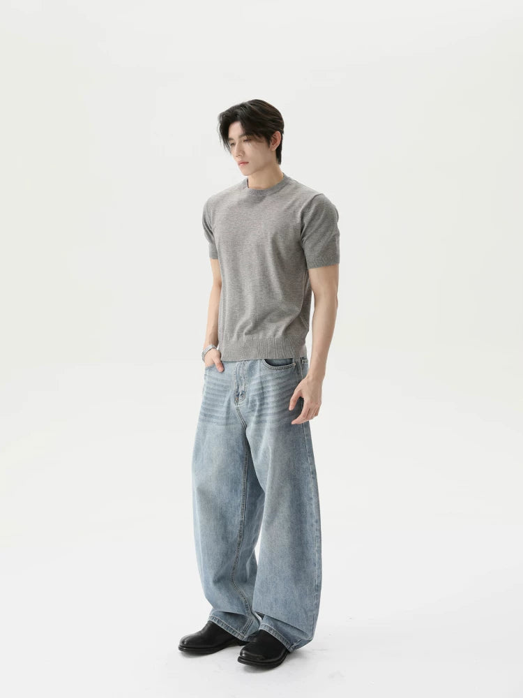 Retro Solid Knit Short-Sleeve T-Shirt