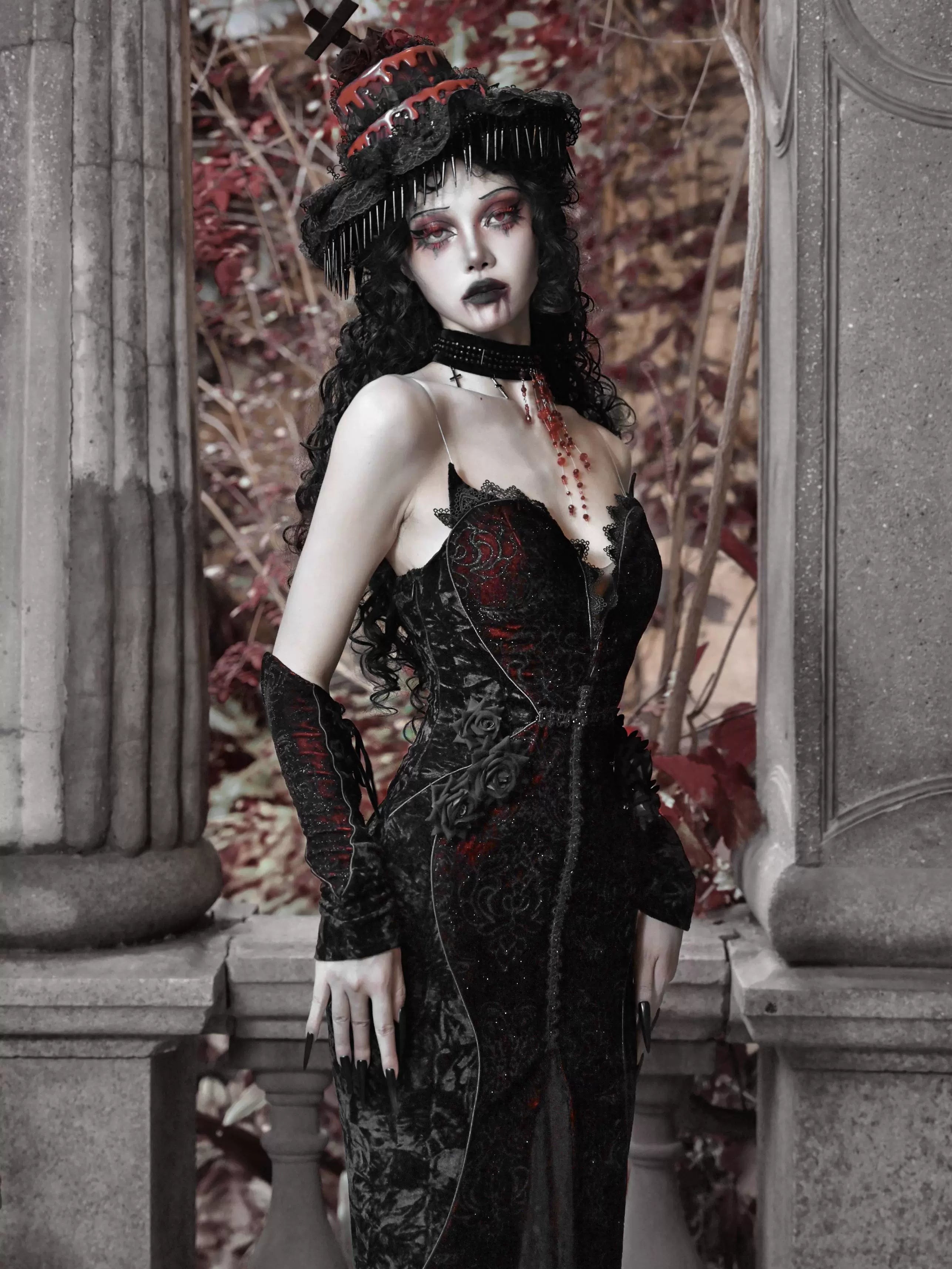Gothic Black and Red Lace Mermaid Gown