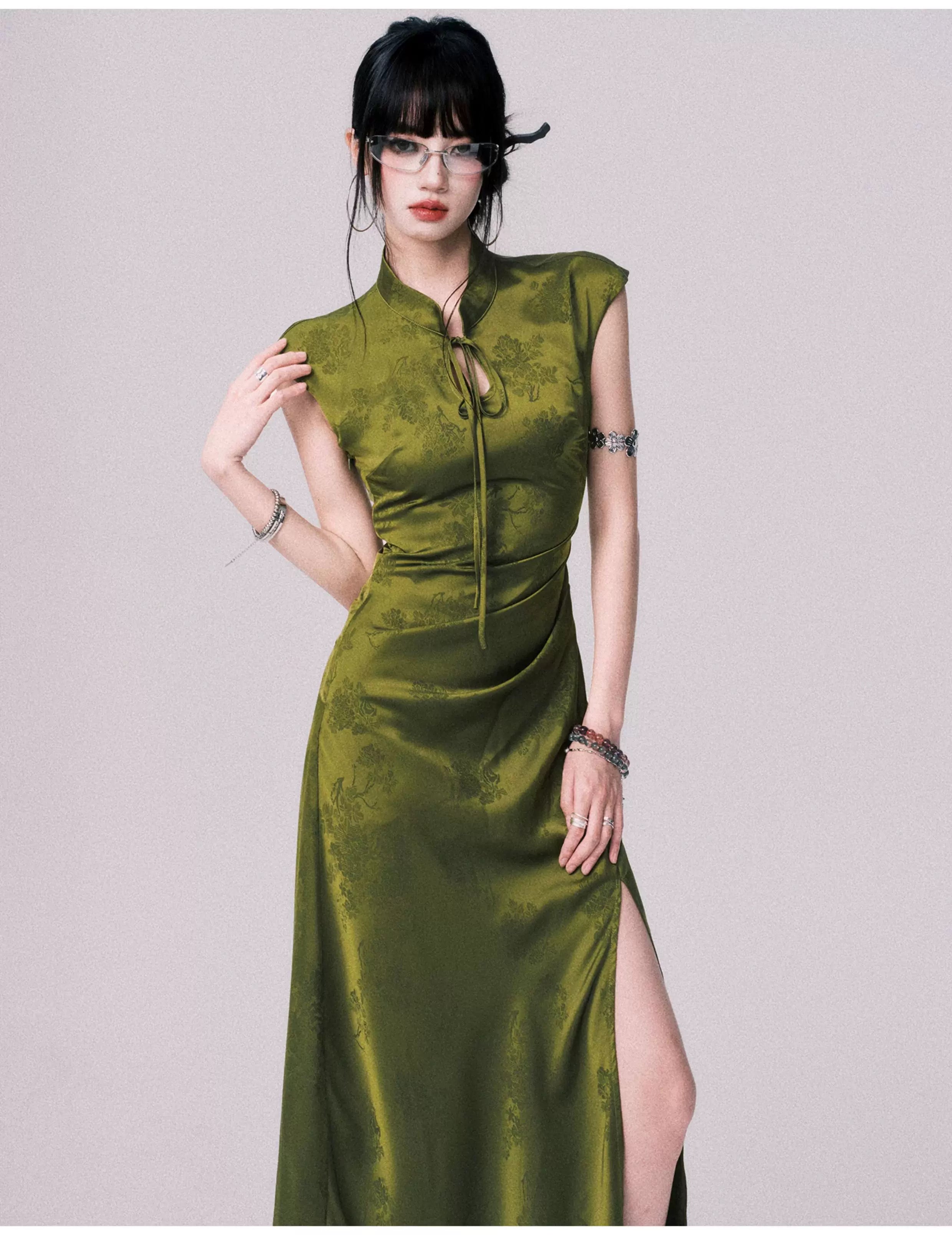 Verdant Whispers Cheongsam Maxi Dress
