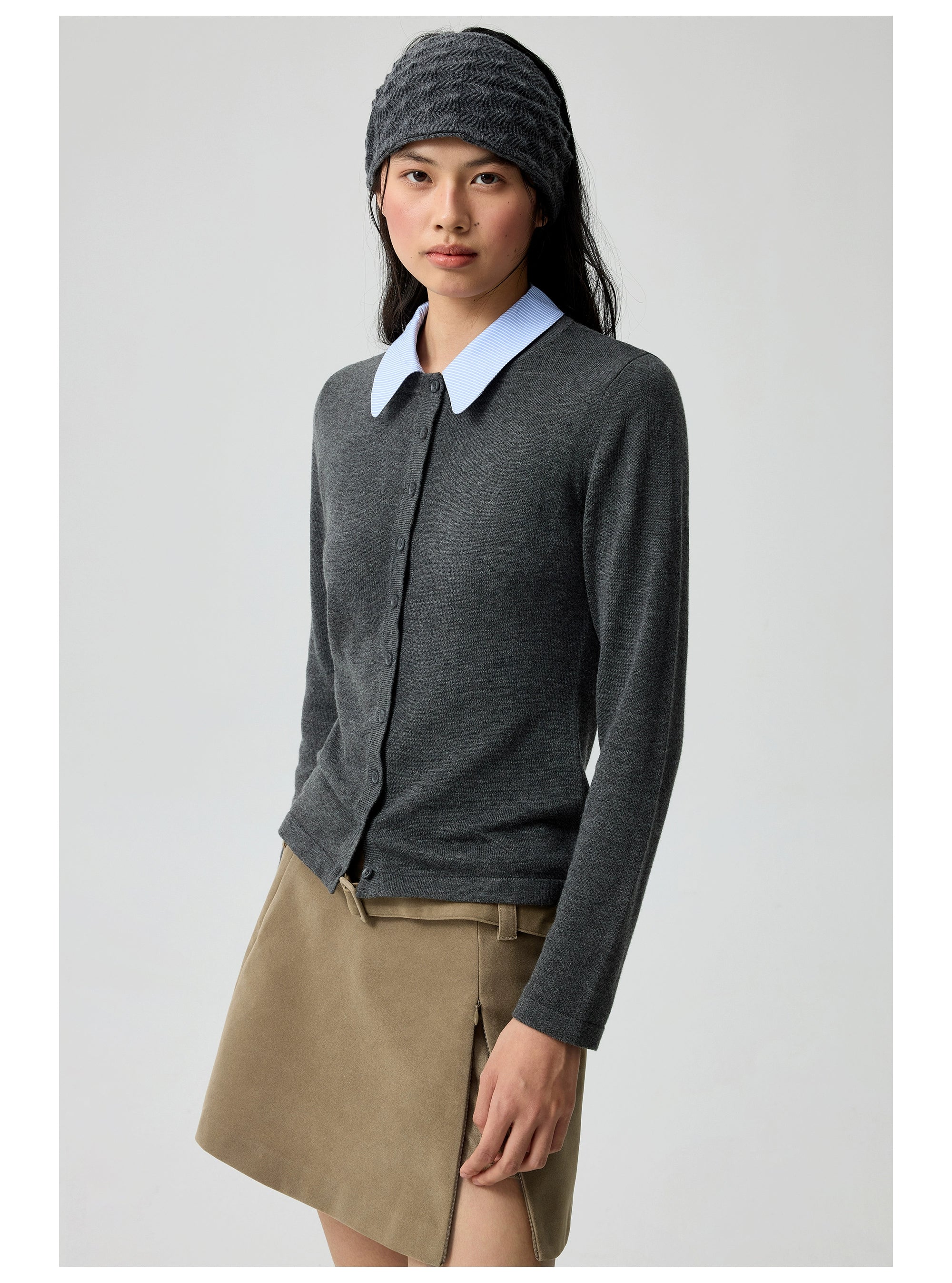 Button-Up Cardigan with Detachable Contrast Collar