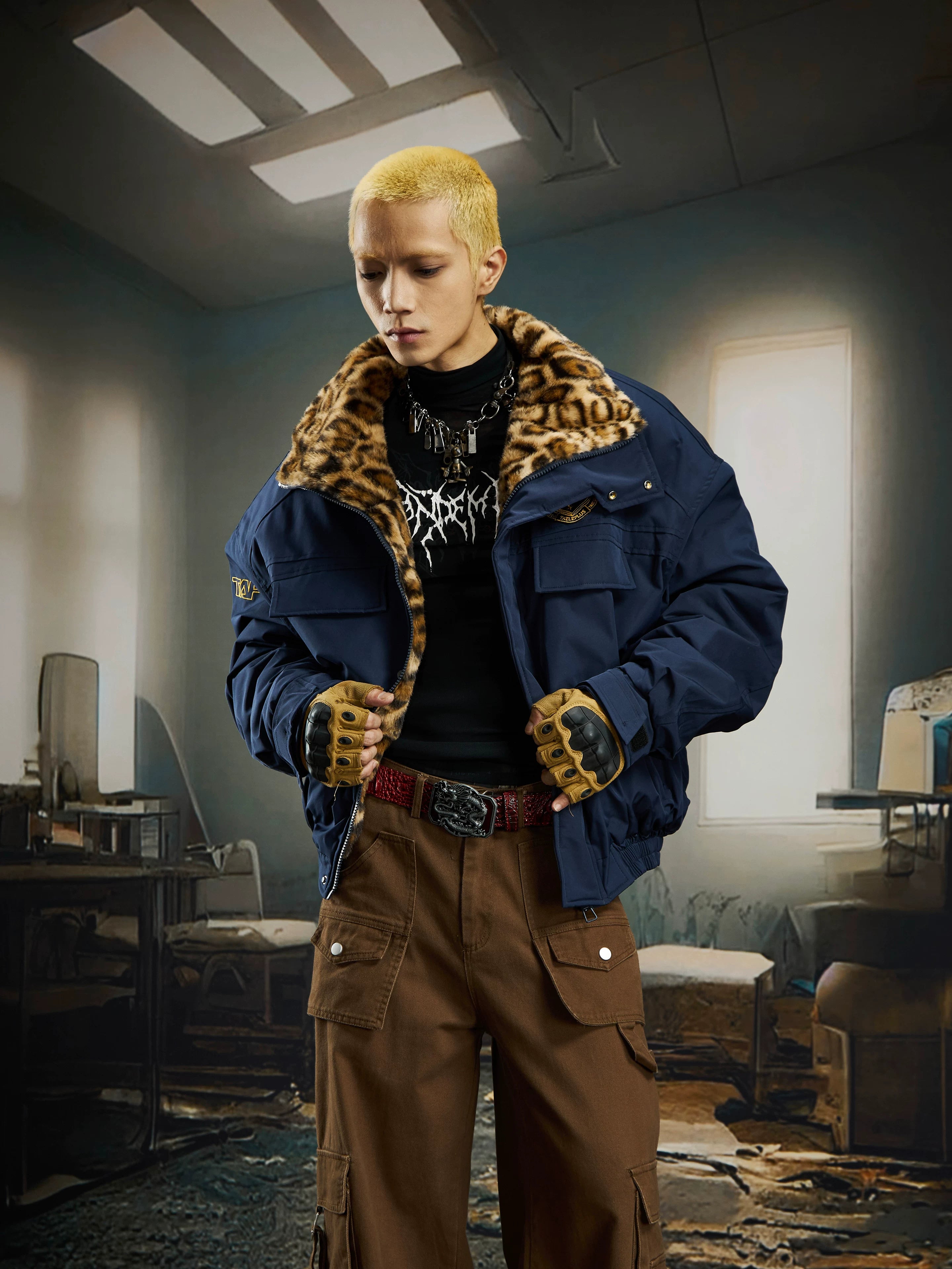 Ember Prowl Leopard‑Collar Bomber Jacket