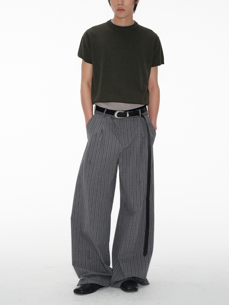 Grey Glen-Check Pleated Wide-Leg Trousers