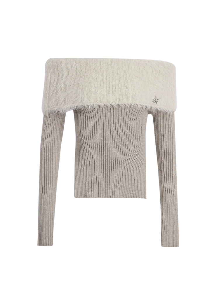 Thick Off-Shoulder Mink Cashmere Knit Sweater - chiclara