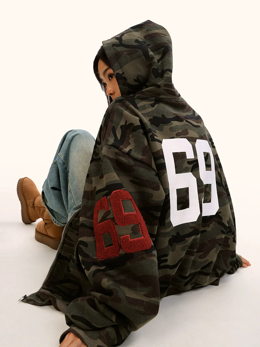 Unisex Back Number Zip-Up Hoodie Jacket