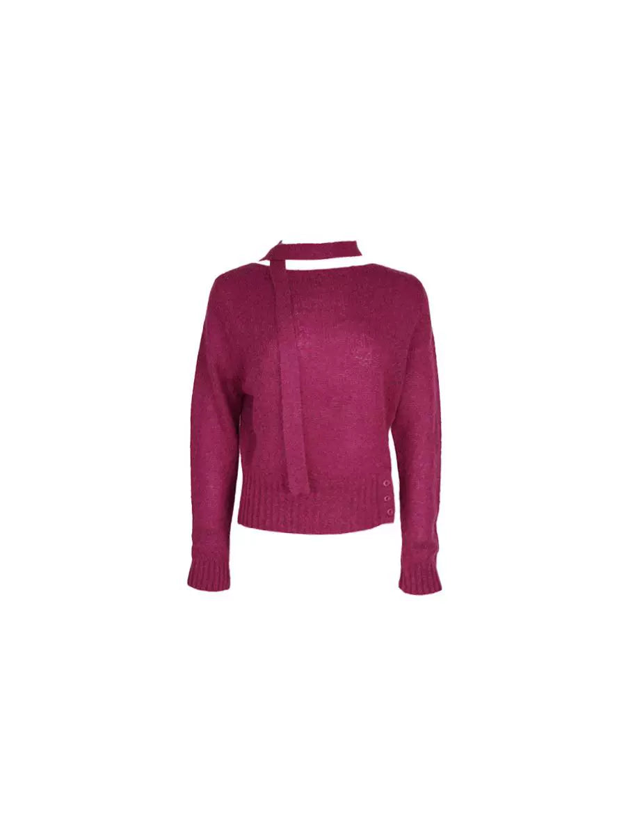 Knit Sweater with Neck Tie Detail and Side Buttons