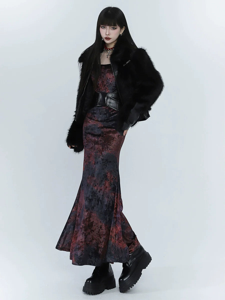 Black And Red Velvet Fishtail Dress - chiclara