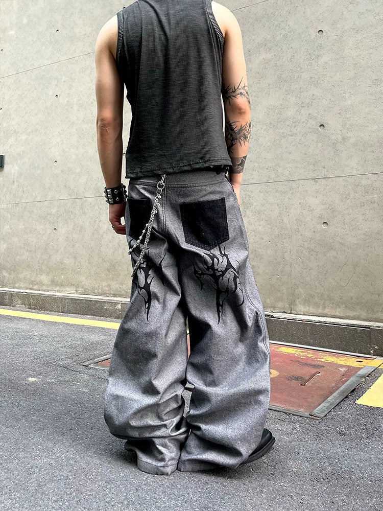 Washed Graffiti Flame Wide-Leg Jeans