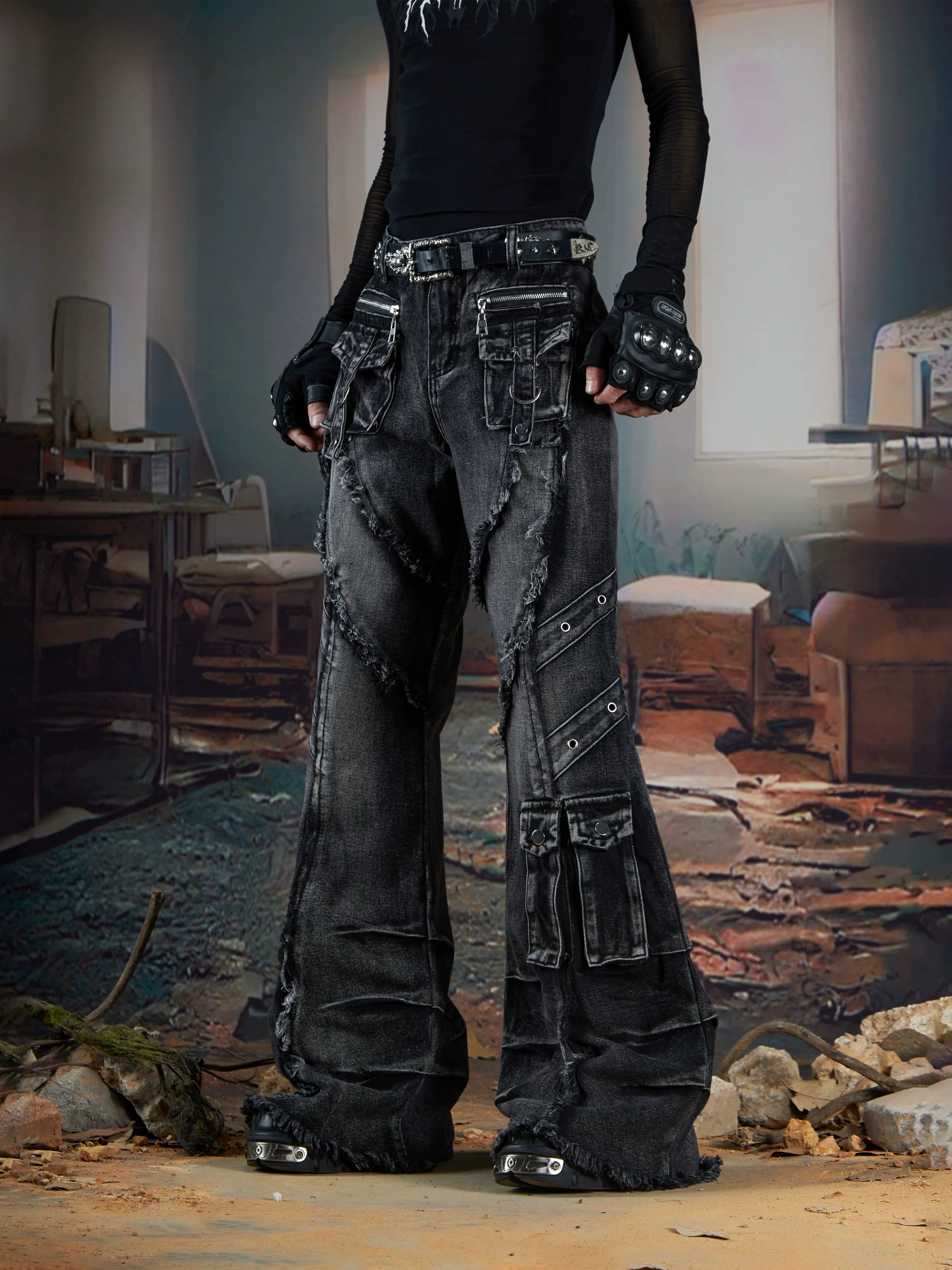 Ruinforge Shredded Cargo Flare Jeans