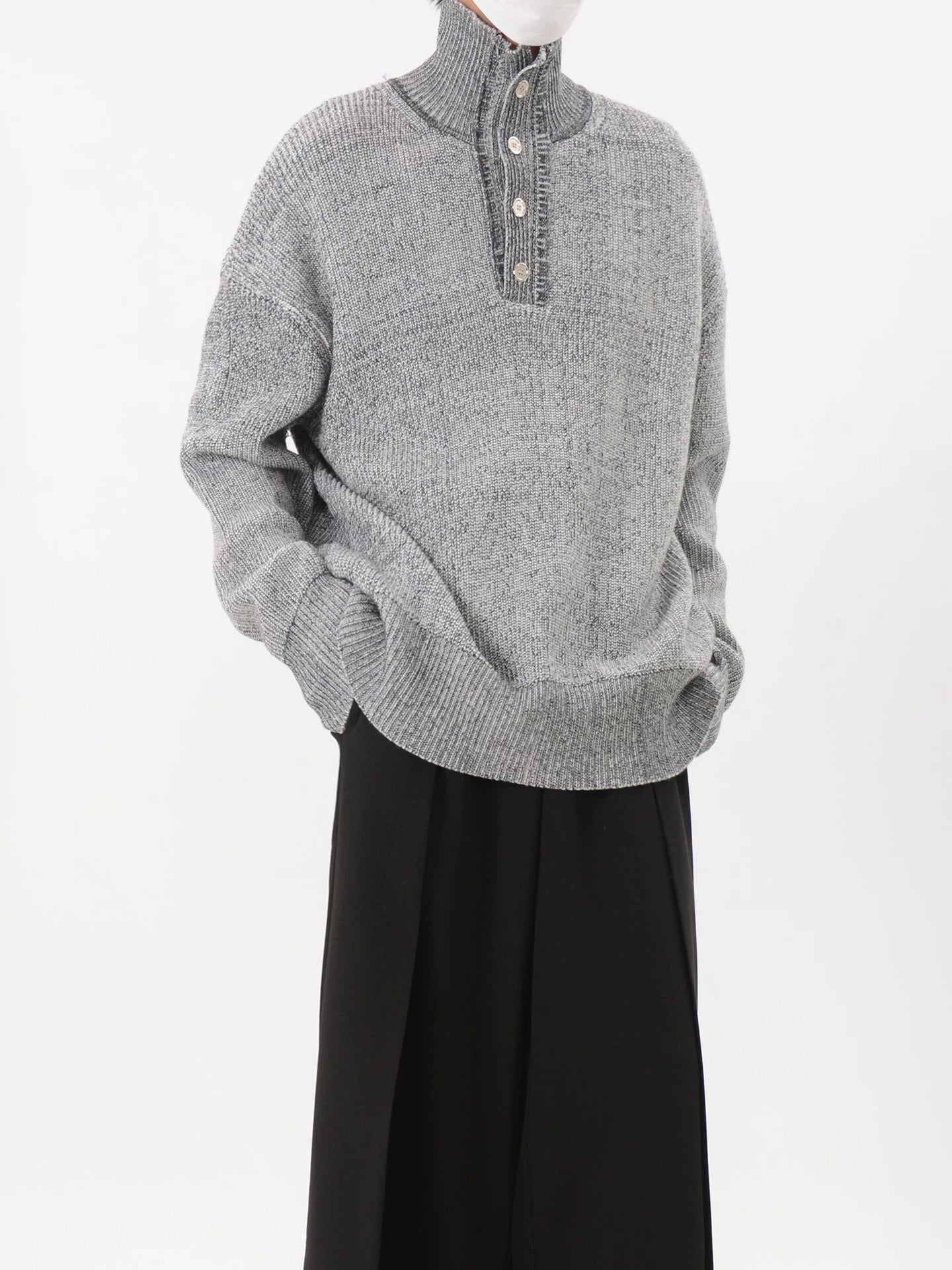 Grey Marled Button-Neck Oversized Knit Sweater