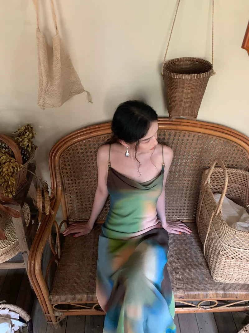 Colorful Abstract Print Spaghetti Strap Maxi Dress