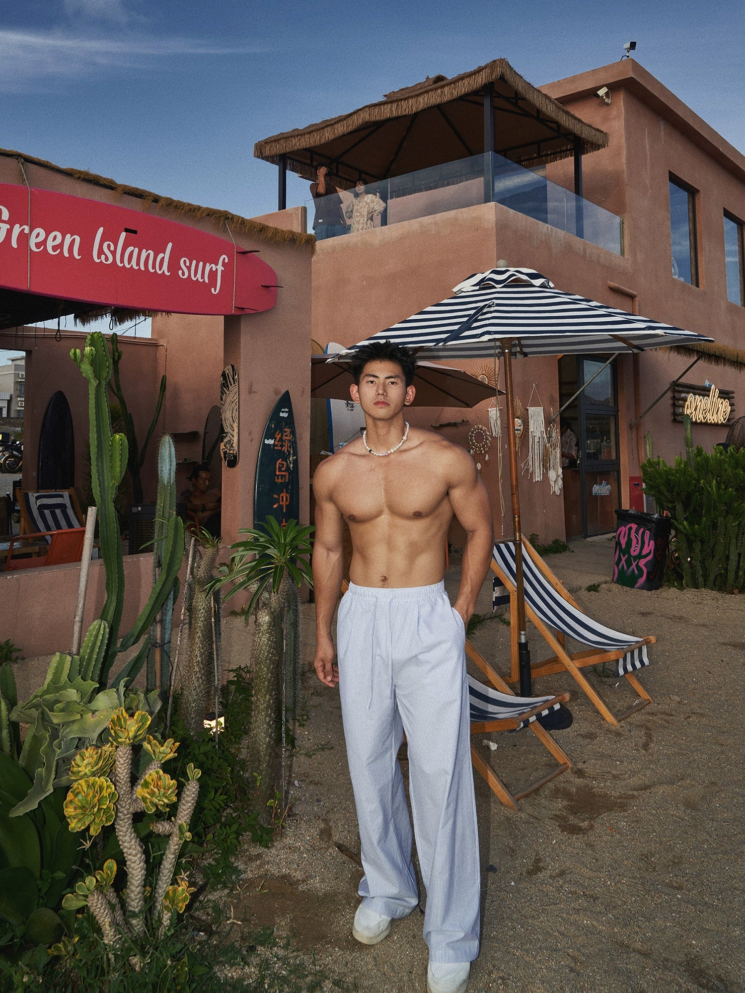 Striped Henley Leisure Shirt and Pants Setup