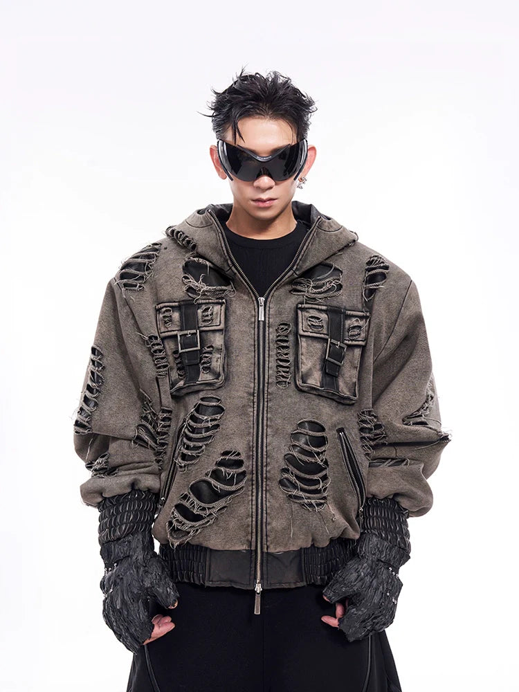 Washed Distressed Cargo Bomber Jacket