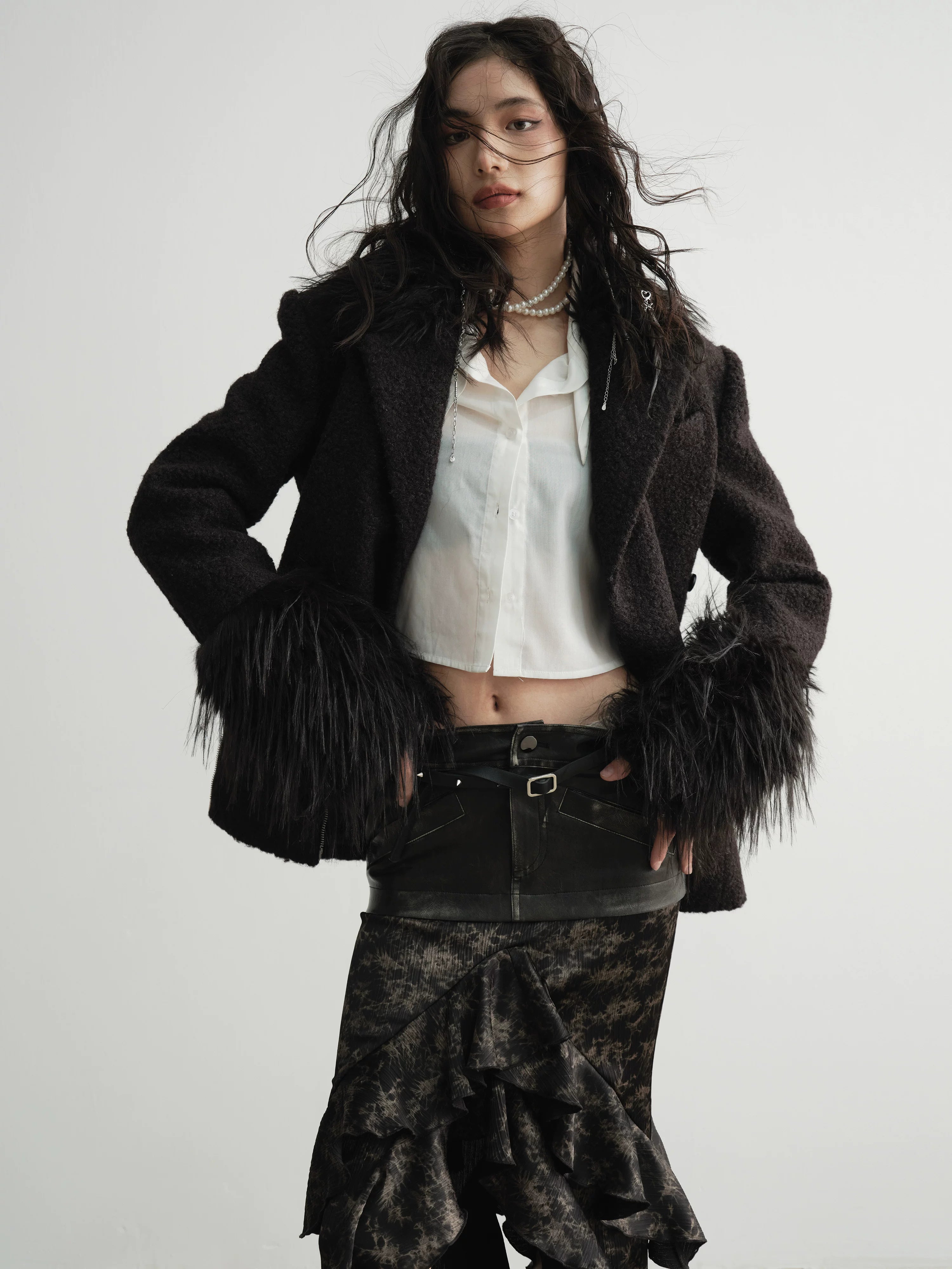 Shadowplume Textured Fur Cuff Coat