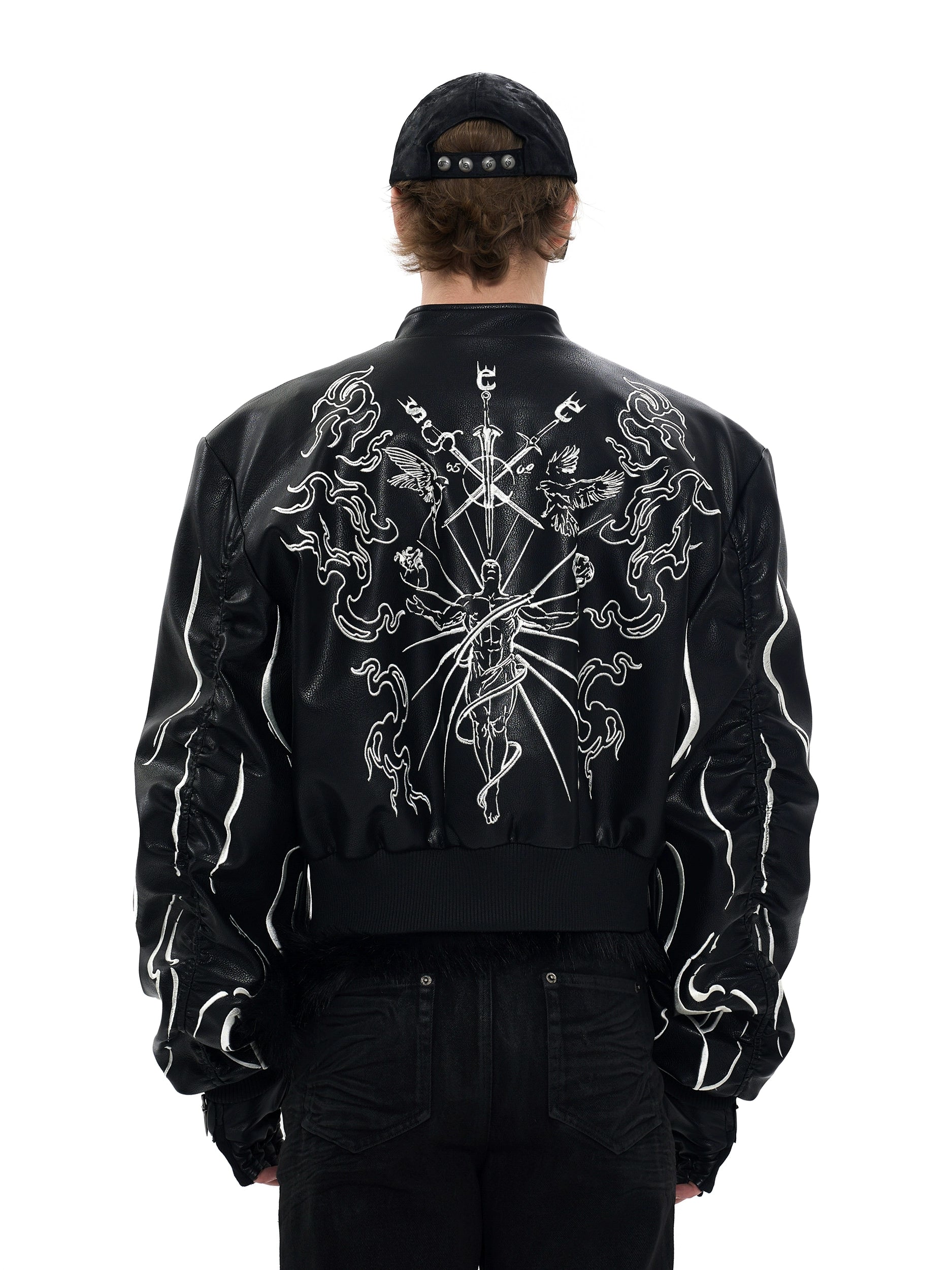 Black Cropped Graphic Leather Jacket