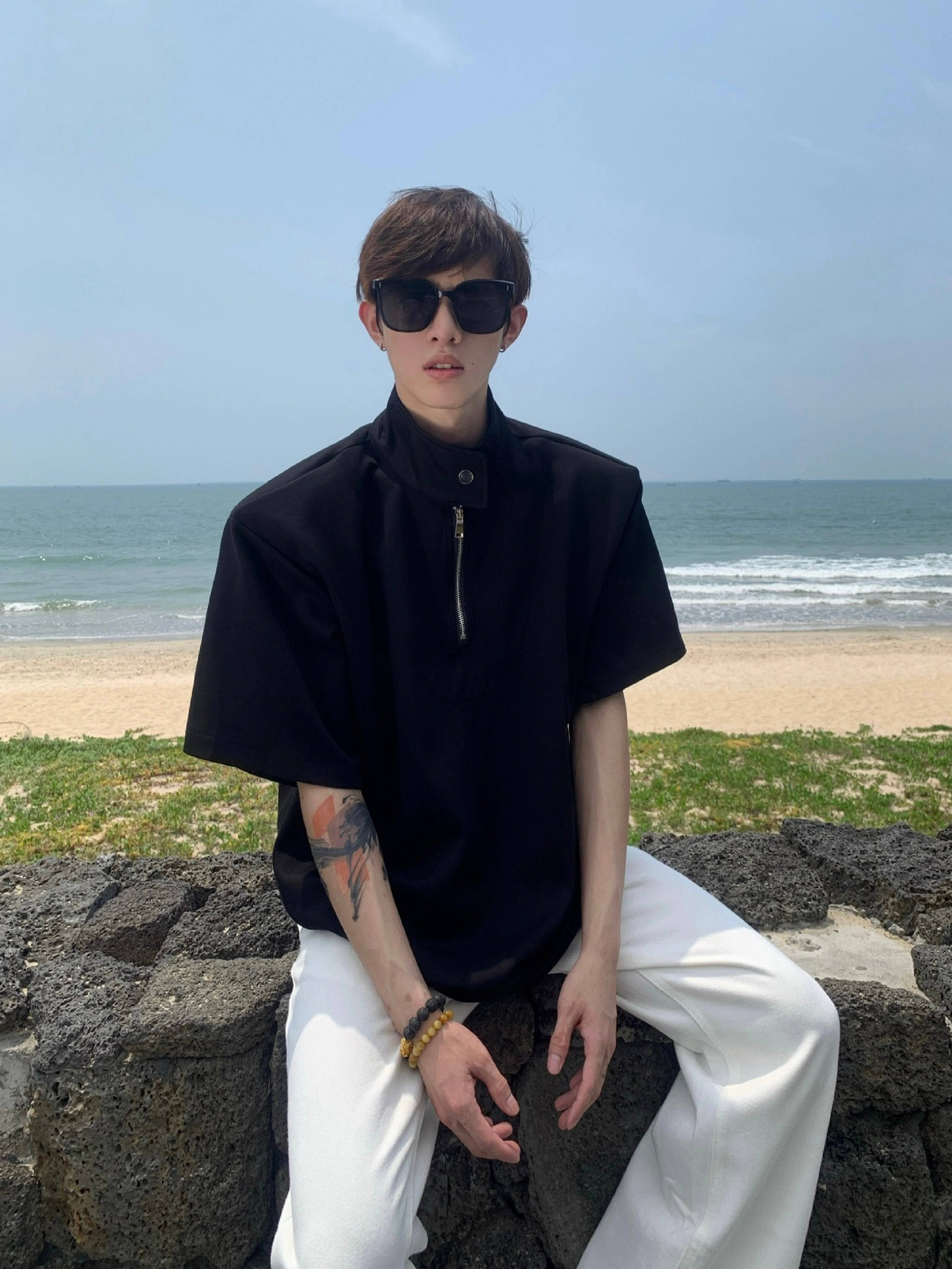 Gray Half-Zip Stand Collar Shirt