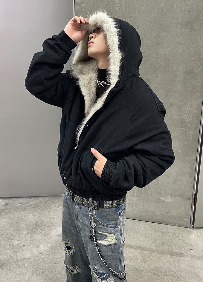 Fake Faux Fur Hood Bomber Jacket