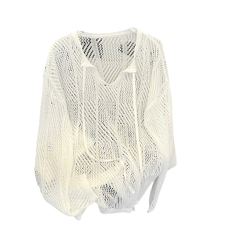Oversized mesh knit sweater with a drawstring neckline