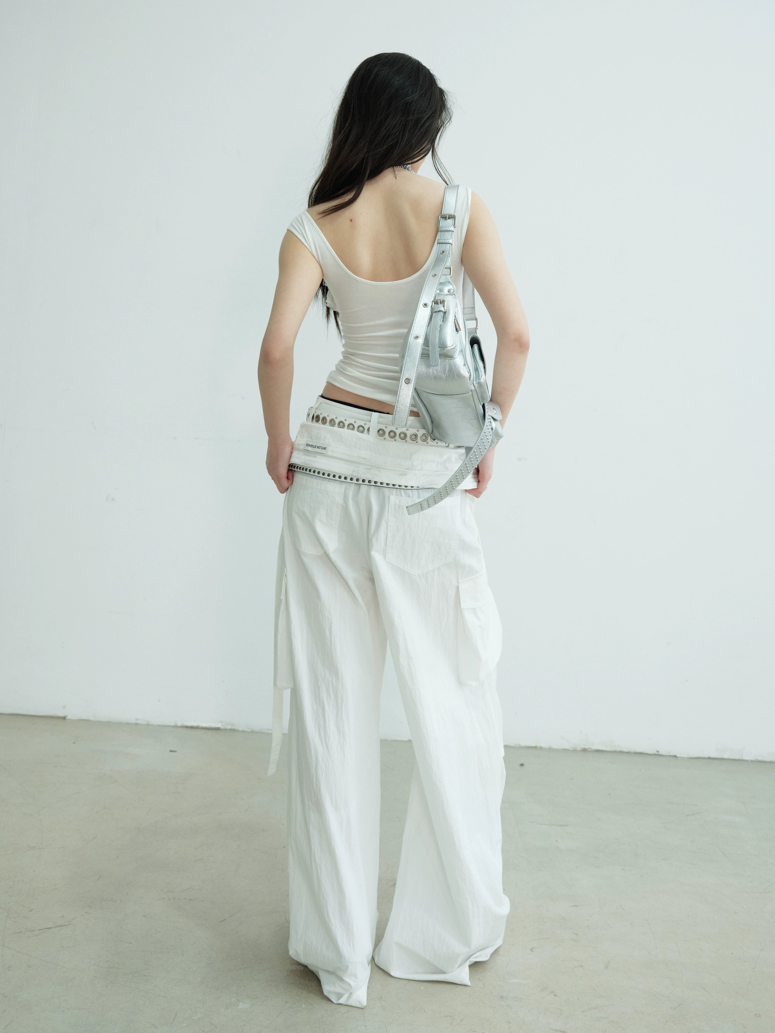 Wide Leg Cargo Pants Contrast Trim