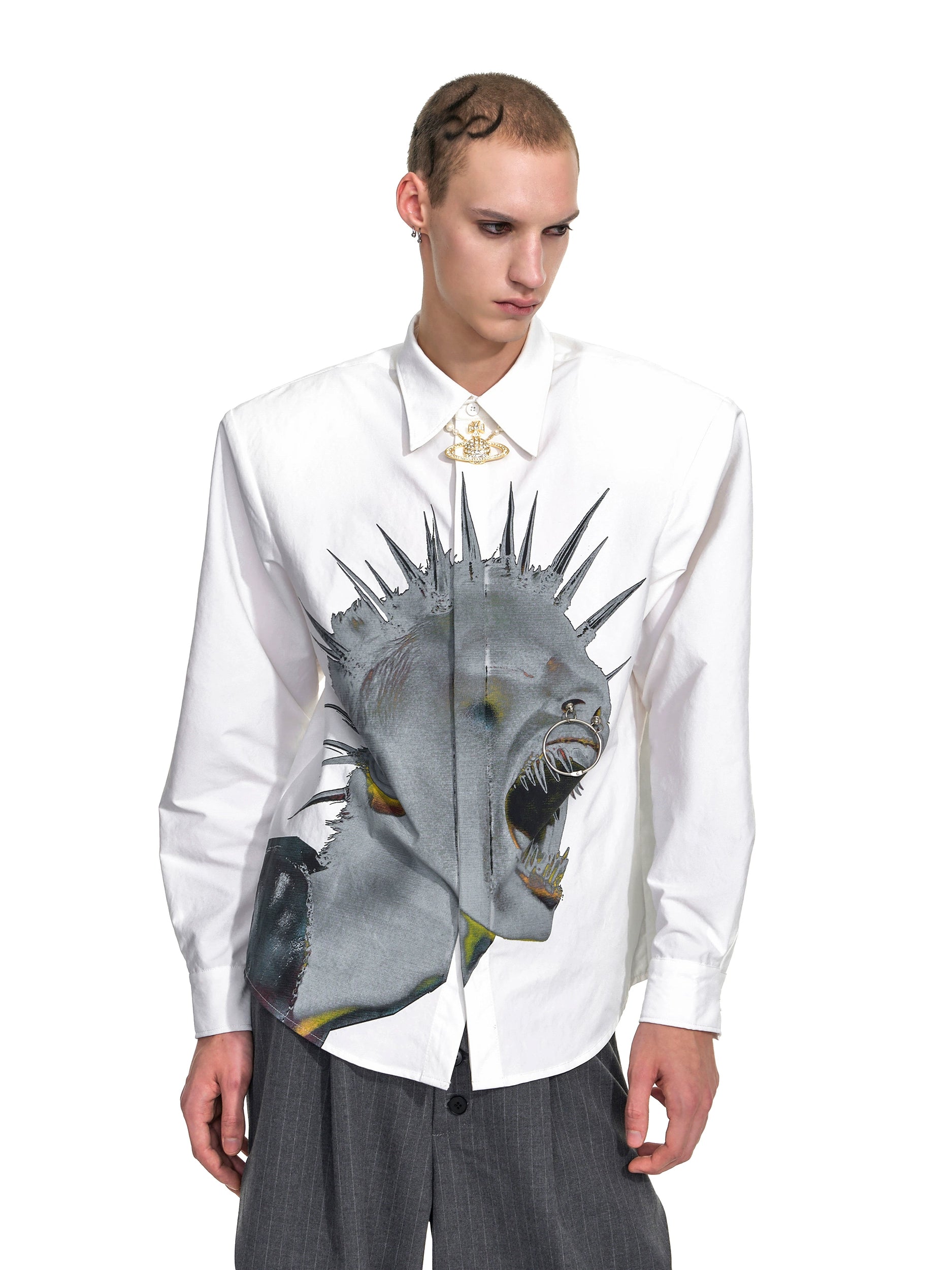 Button-Up Shirt with Punk Scream Graphic Print