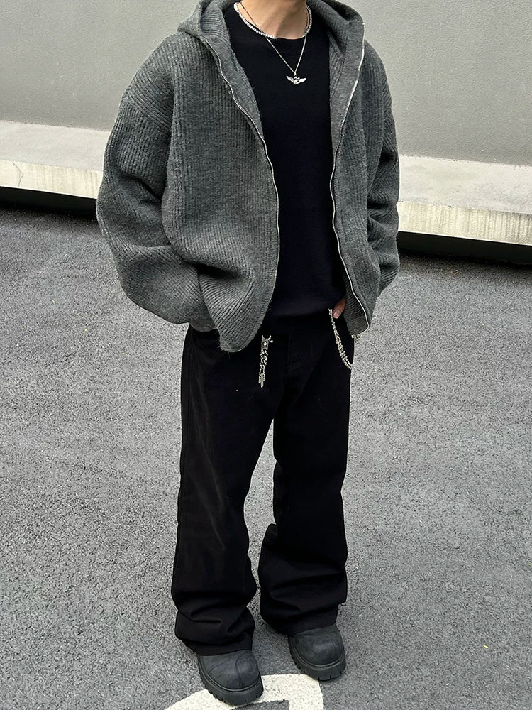 Charcoal Rib-Knit Zip Hoodie