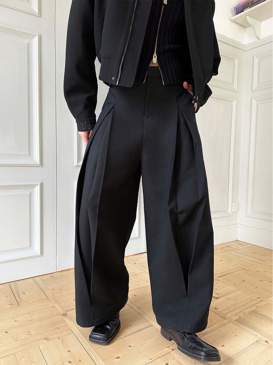 Deconstructed Black Wide-Leg Pleated Trousers