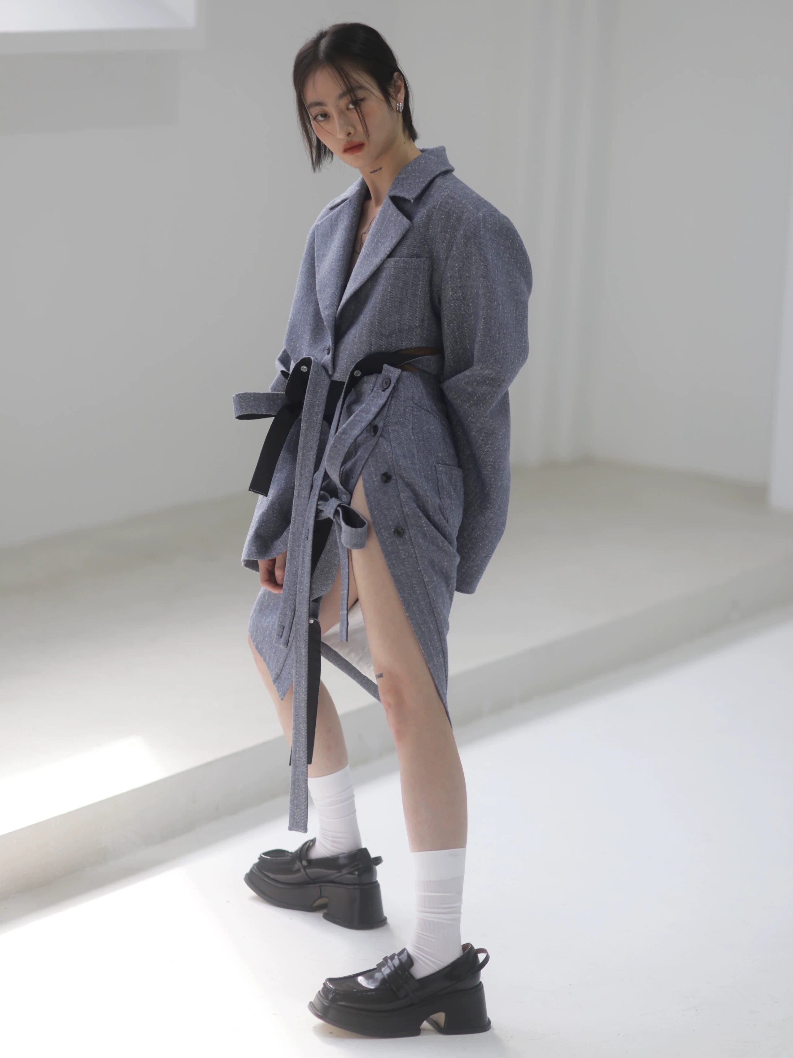 Steel Herringbone Pencil Midi Skirt