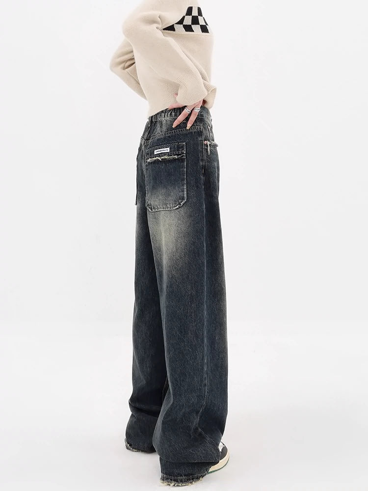 Vintage High Street Deep Blue Wide-Leg Denim Pants - chiclara