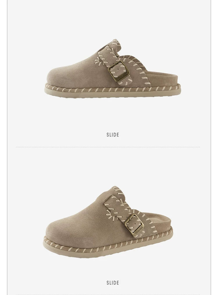 Whipstitch Buckle Suede Mule Clogs