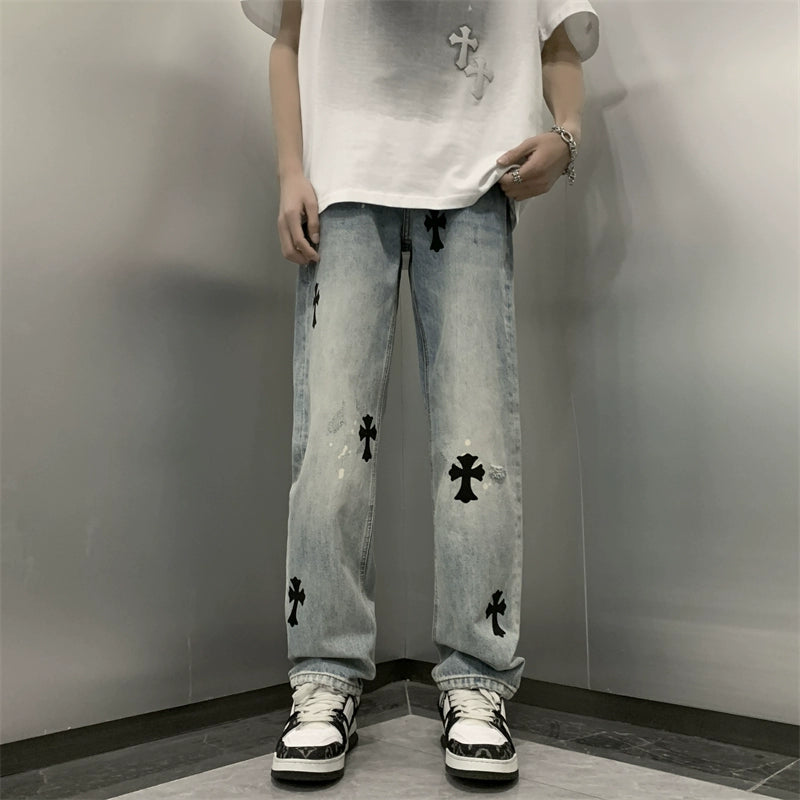 Vintage Wide Leg Denim Jeans with Cross Patches