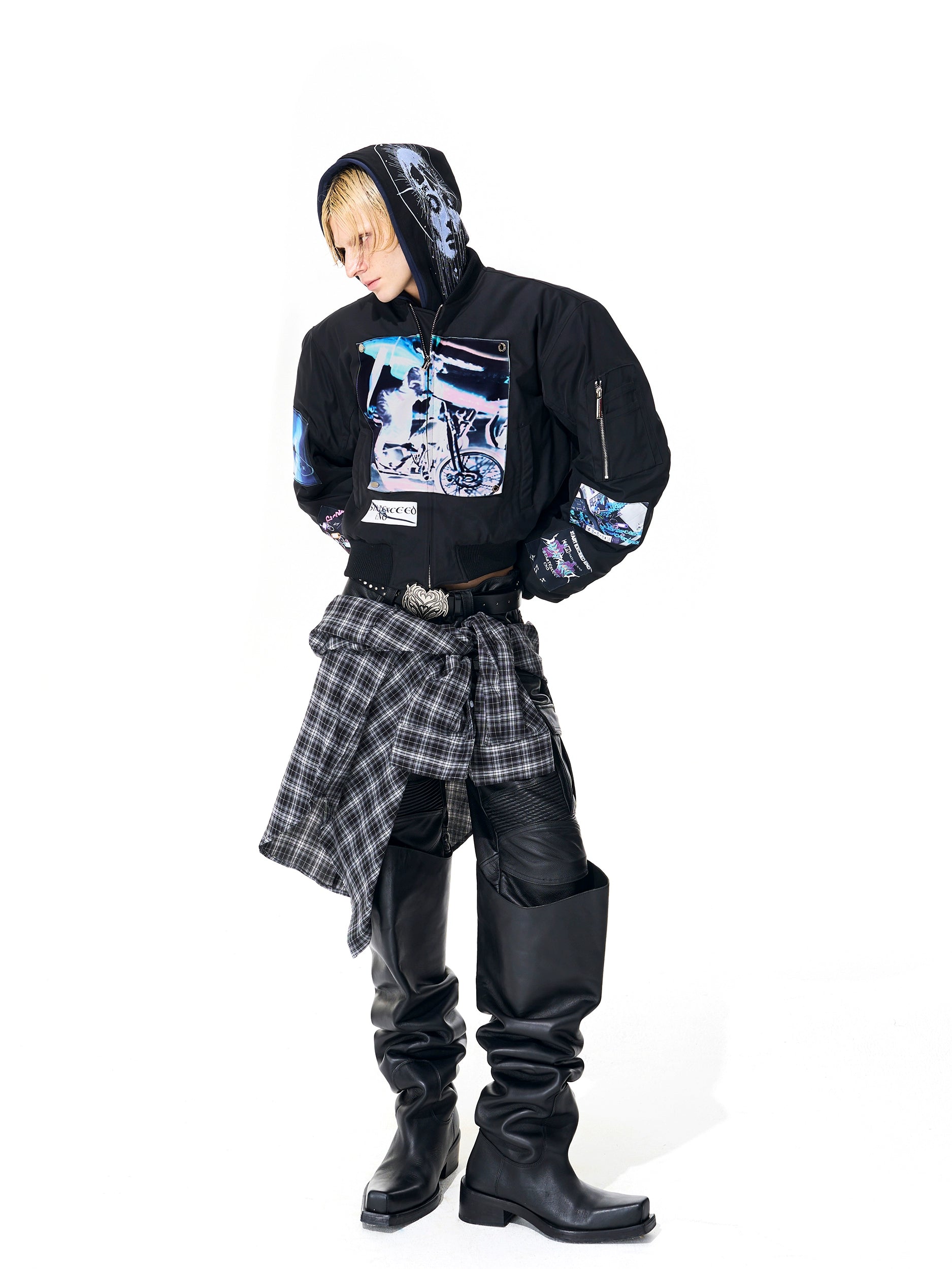 Black Graphic Patch Bomber Jacket