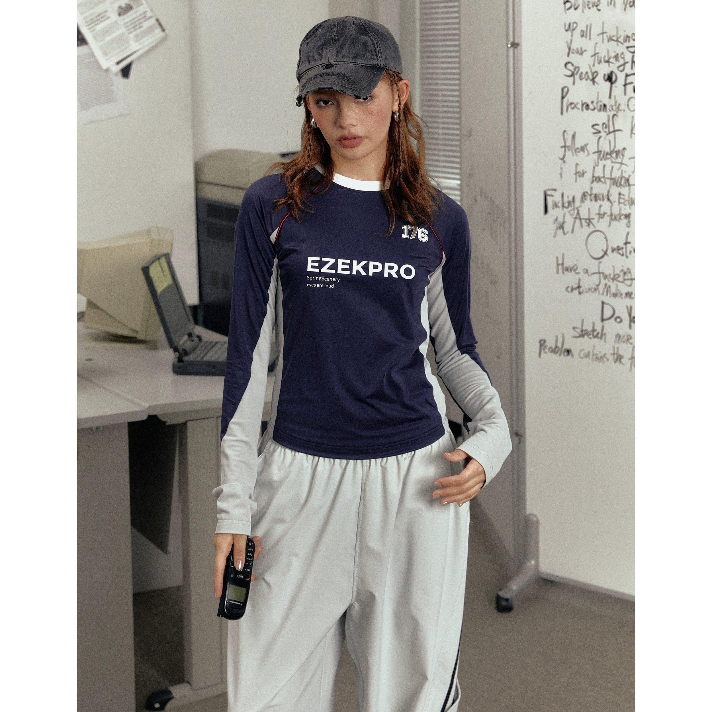 Ezek Langarm Crop Top - Frauen sportliches Farbblock -T -Shirt mit Logo -Druck und Ringerausschnitt