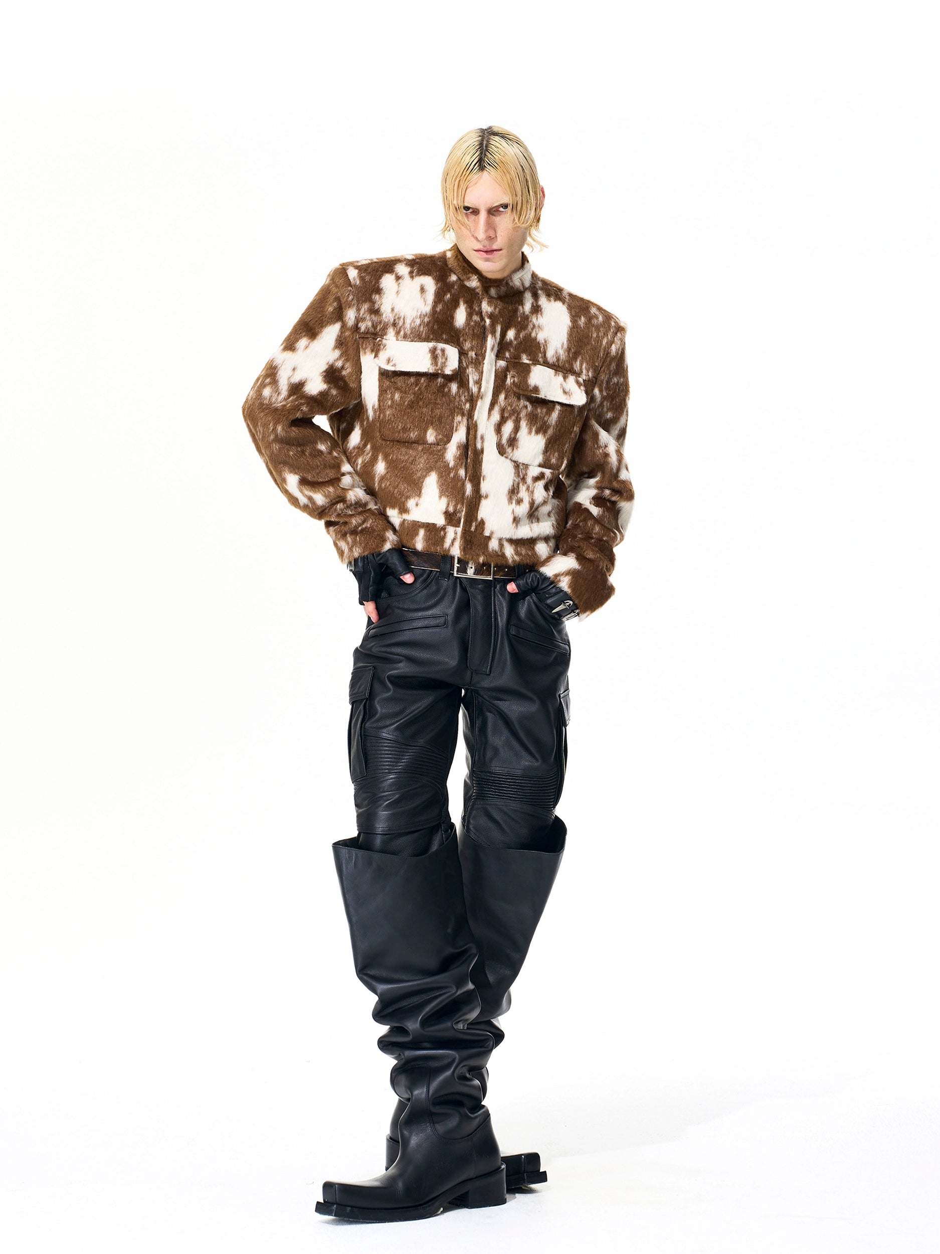 Brown and White Faux Fur Cropped Jacket