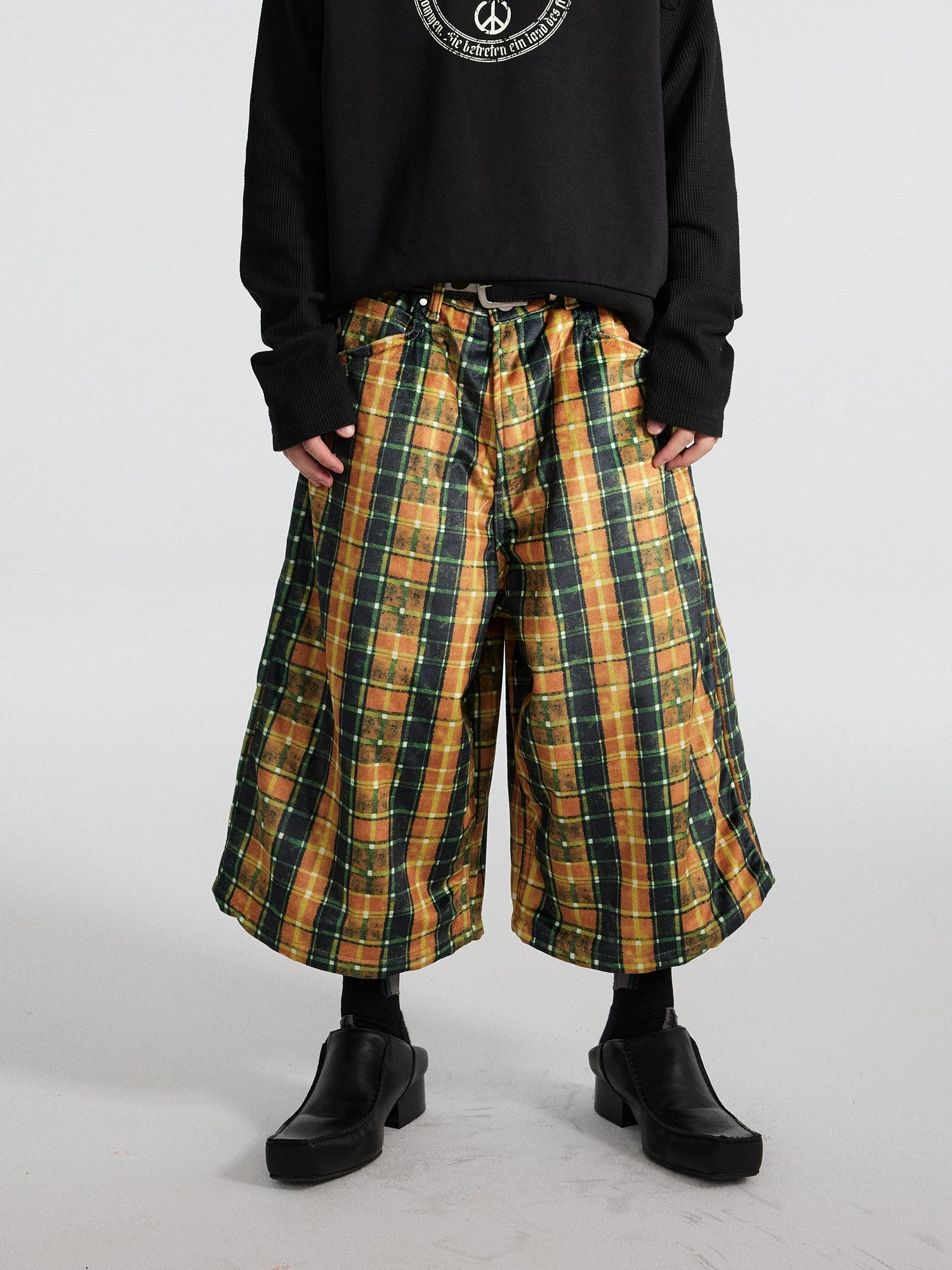 Gutter Plaid Neon-Rust Gaucho Trousers