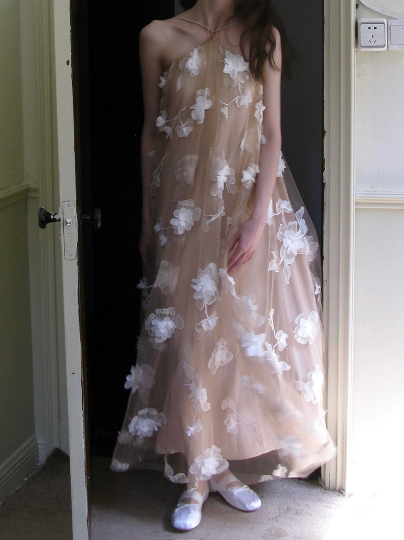 Floral Appliqué Sheer Maxi Dress