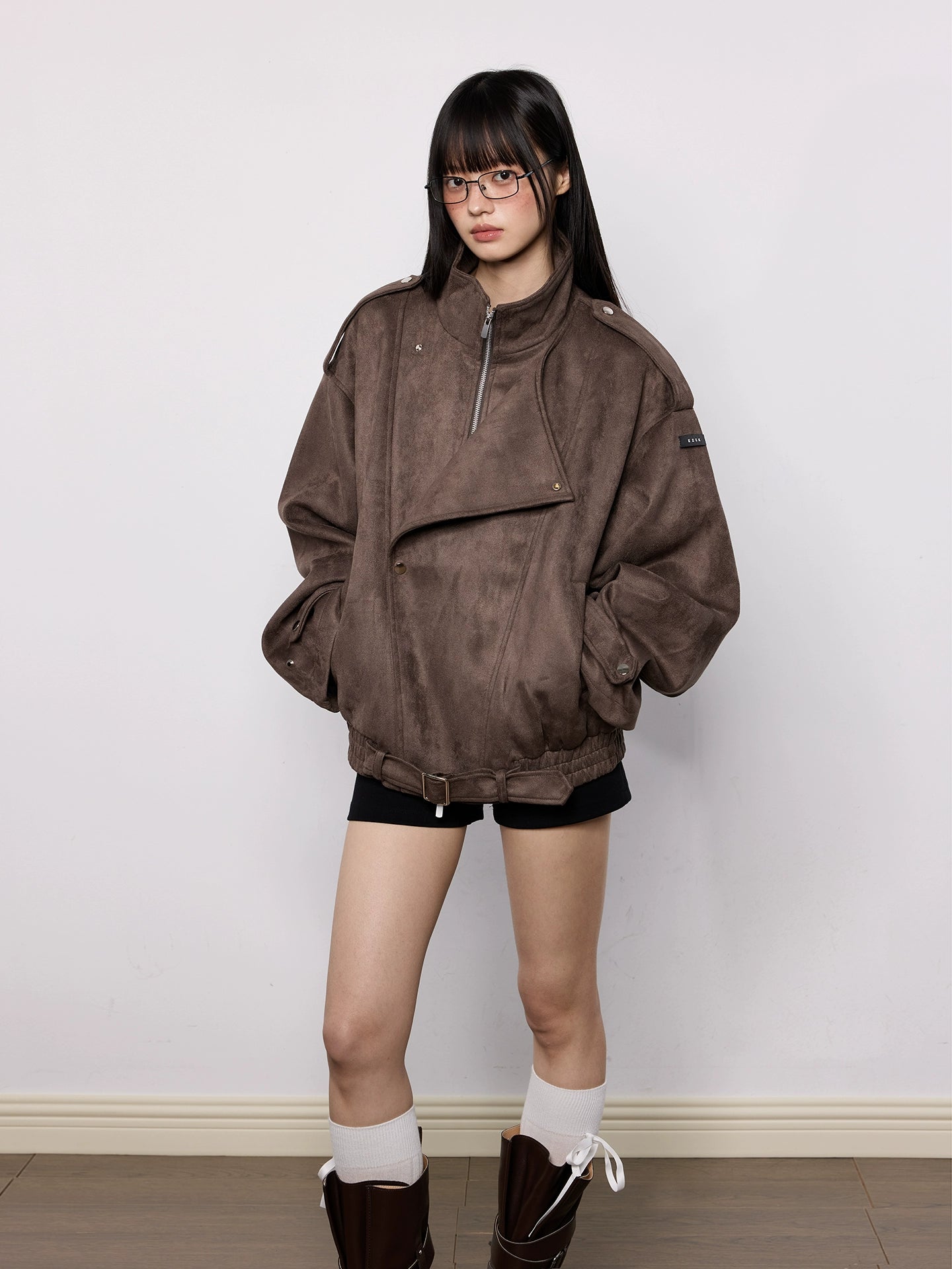Oversized Faux Suede Brown Moto Jacket