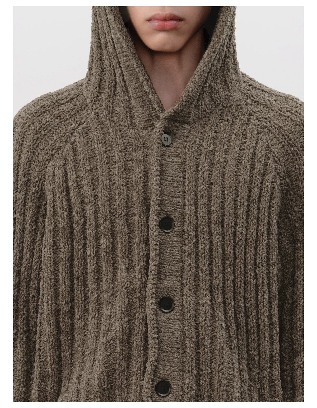 Ribbed Button-Up Knit Hoodie Cardigan