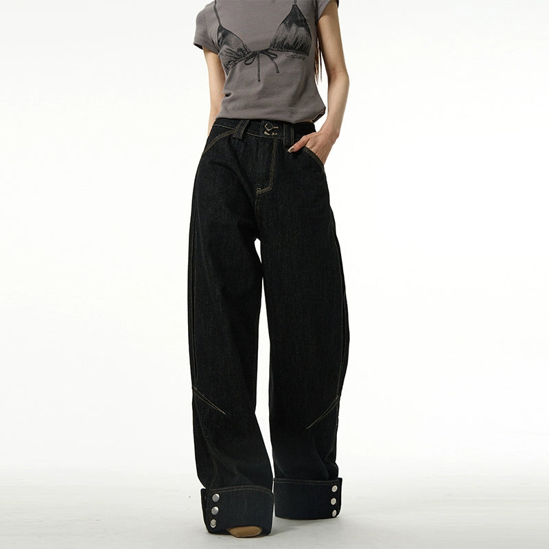 Wide-Leg Jeans with Cuffed Hems and Button Details
