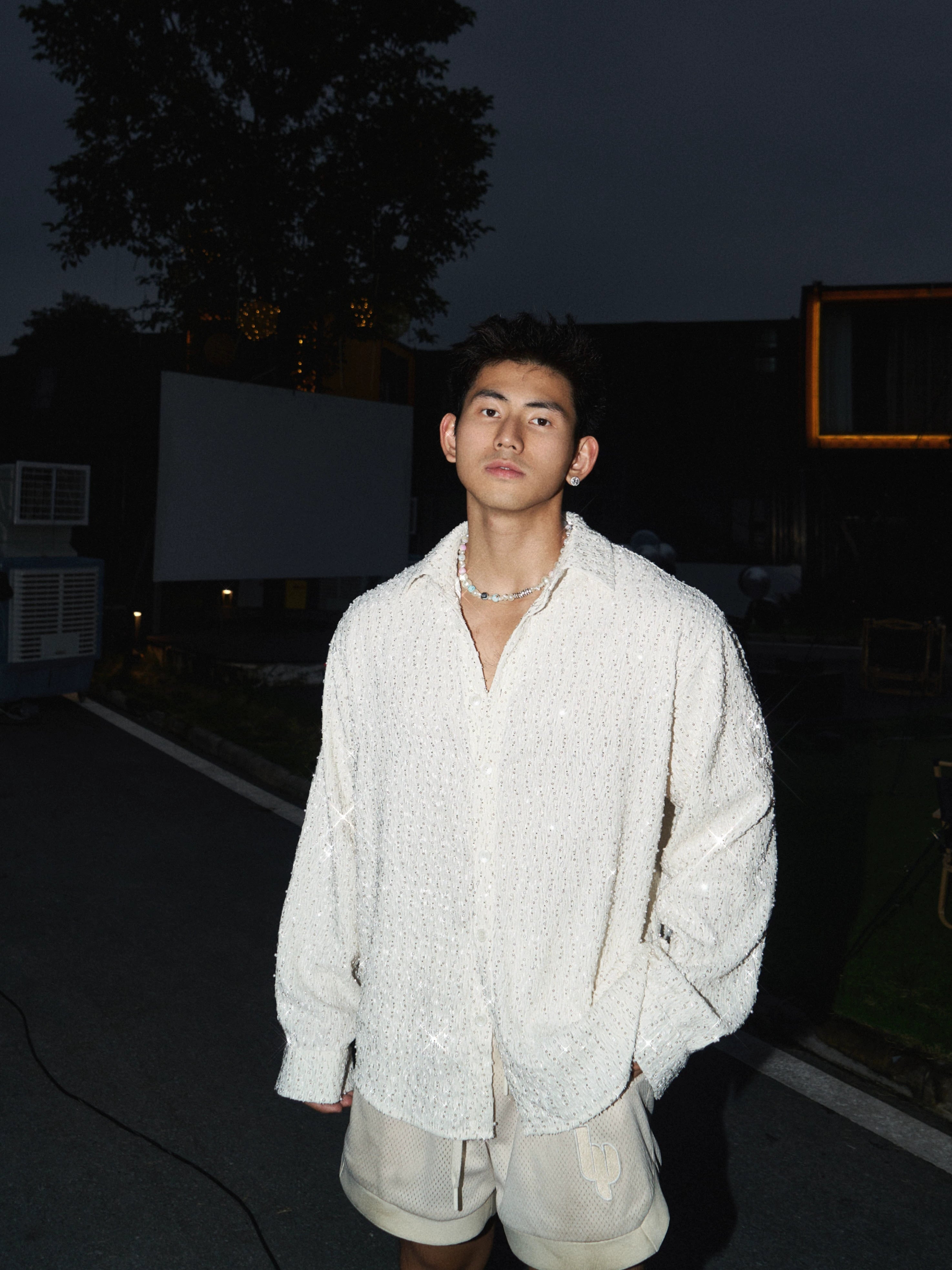 Oversized White Textured Button-Up Shirt