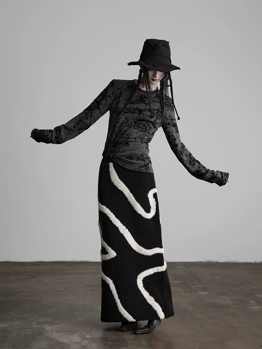 White Striped Black Knit Straight Skirt